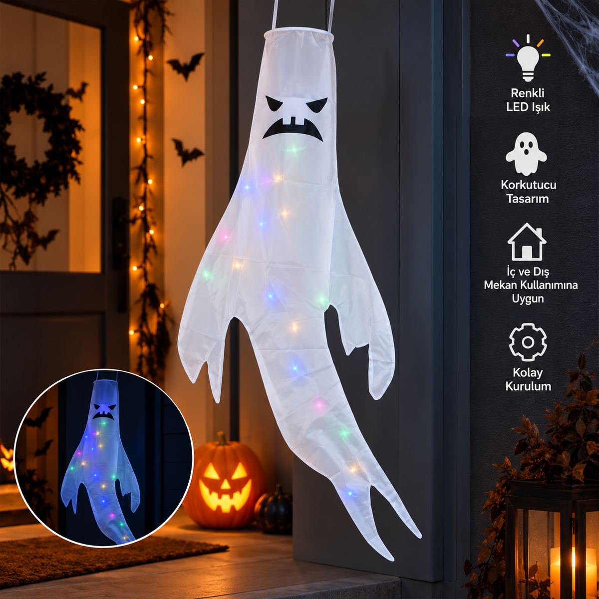 LED Işıklı Asılabilir Hayalet Dekoru – Halloween Cadılar Bayramı Süsü – İç Dış Mekan Dekorasyonu