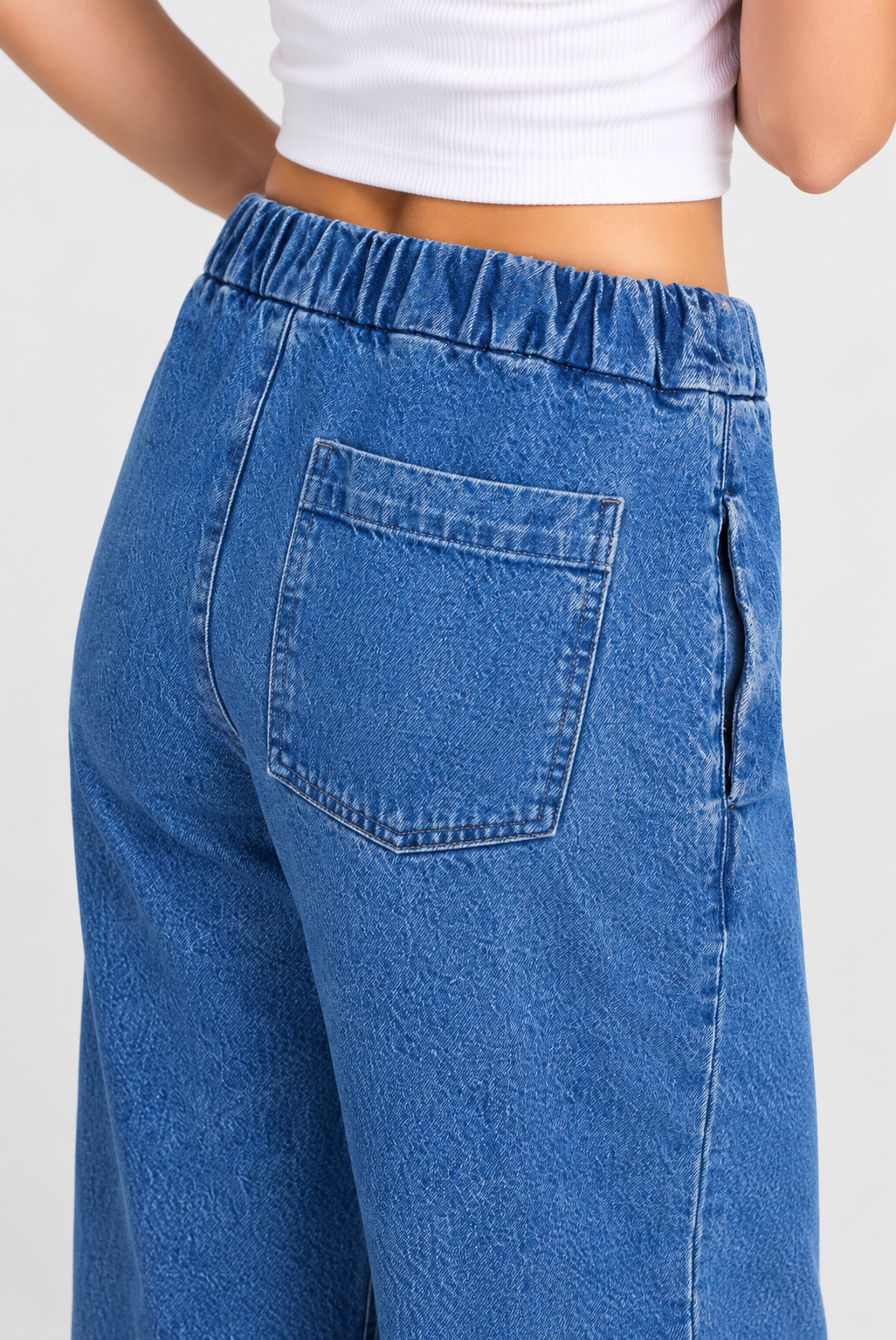 Mavi Beli Lastikli Bol Paça Kadın Jean