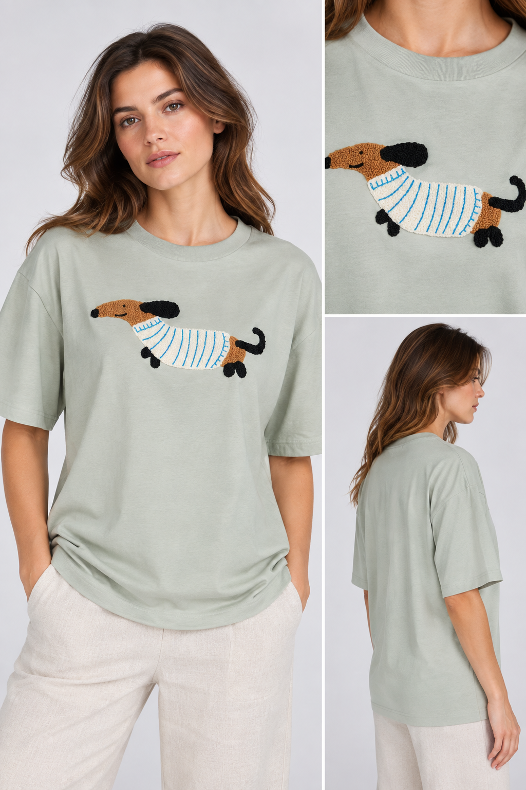 Nakışlı Köpek Desenli Oversize Tişört