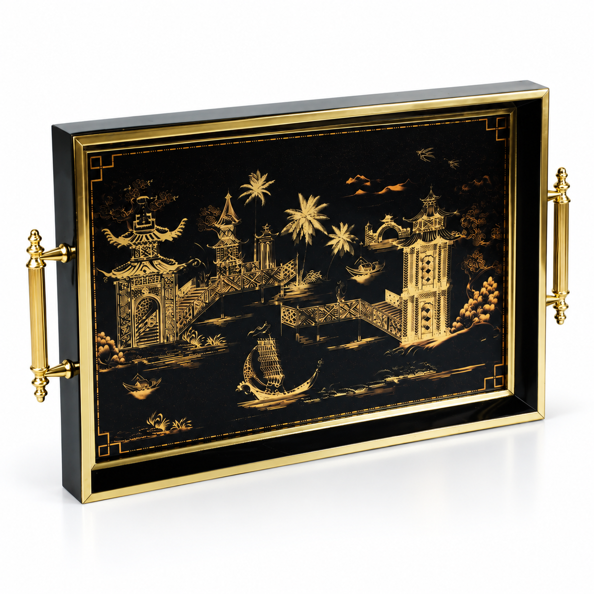 Oriental Gold – Siyah & Altın Dekoratif Servis Tepsisi