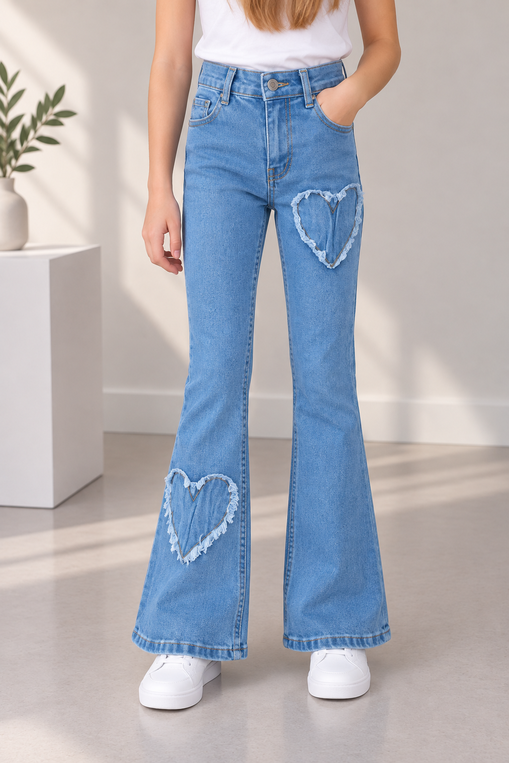 kalp detaylı kız çocuk jean pantolon,