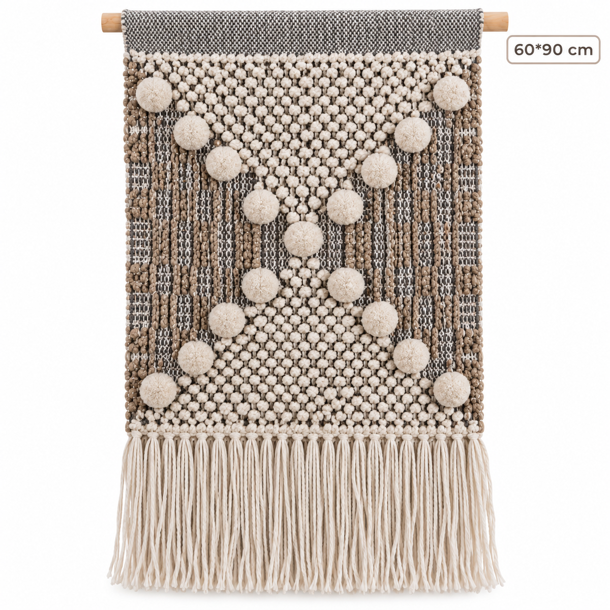 Makrome Duvar Süsü – Ponponlu & Püsküllü 60x90 cm