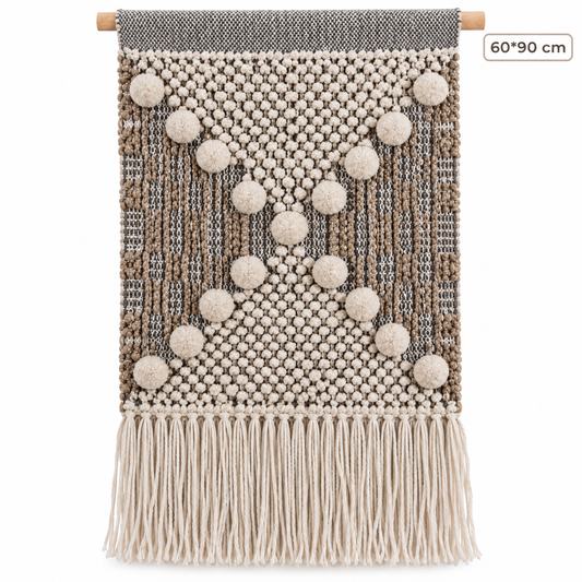 Makrome Duvar Süsü – Ponponlu & Püsküllü 60x90 cm