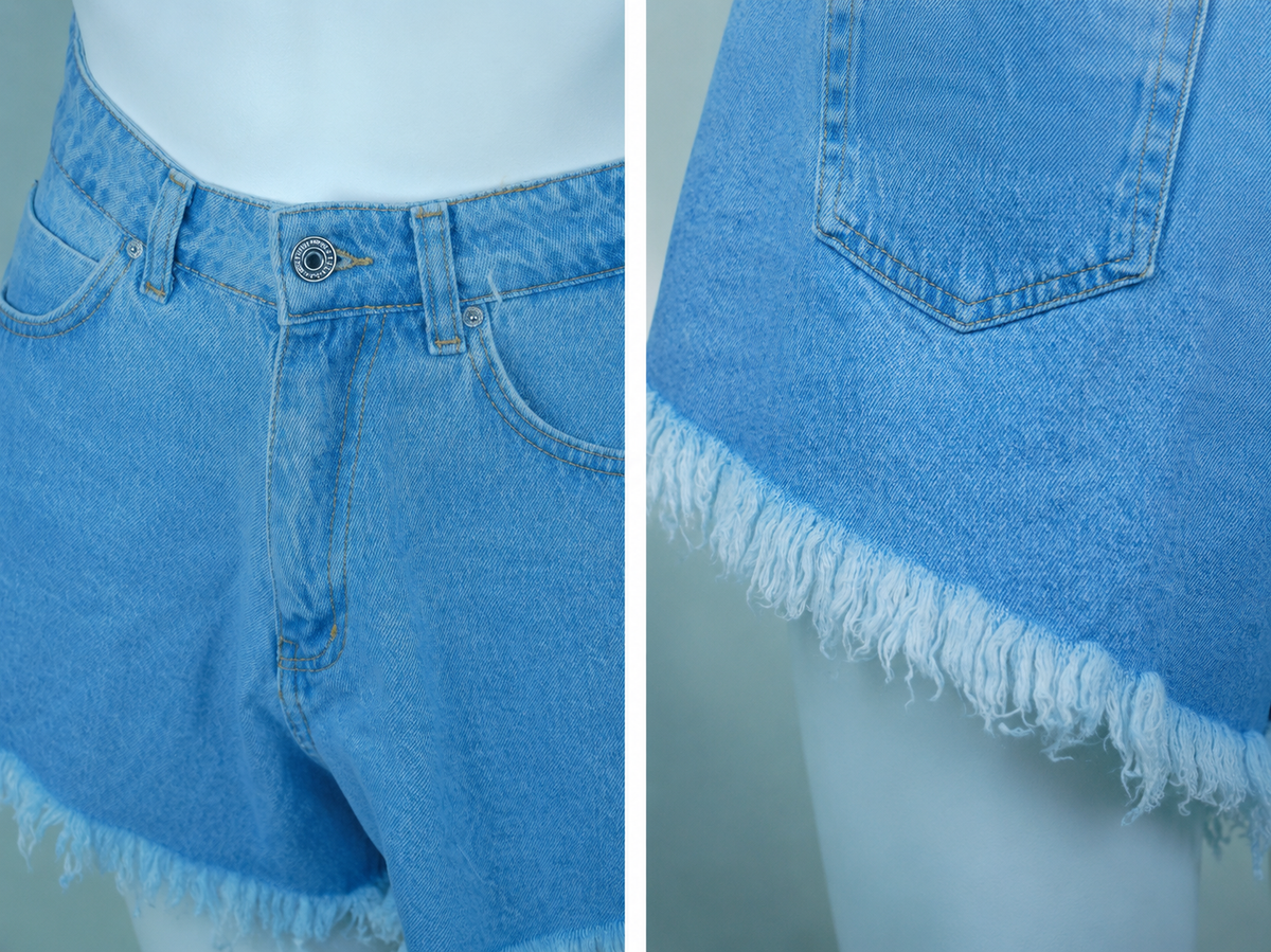 Yüksek Bel Desenli Püsküllü Denim Şort