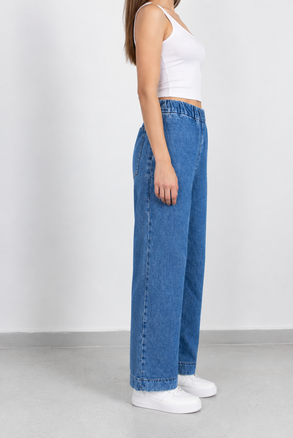 Mavi Beli Lastikli Bol Paça Kadın Jean
