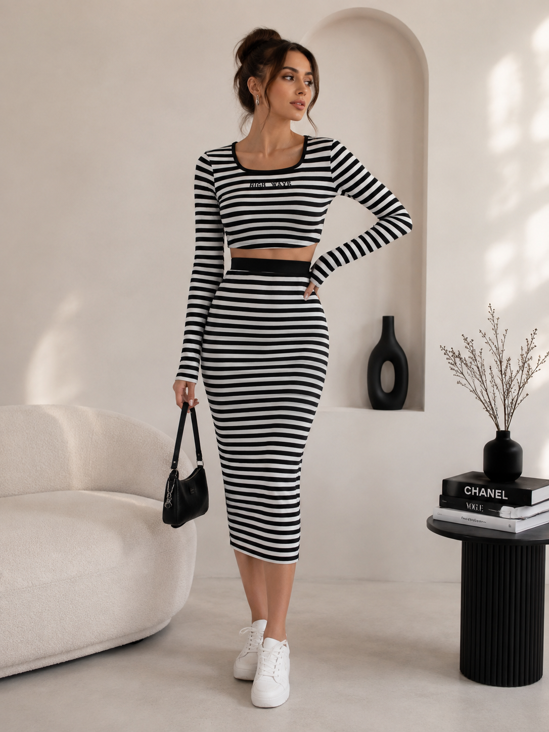 Siyah-Beyaz Çizgili Crop & Midi Etek Takım