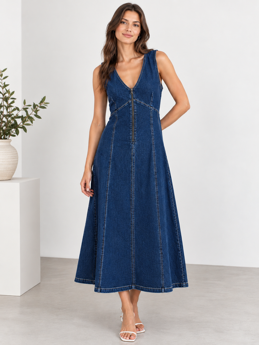 Dikiş Detaylı Önden Fermuarlı Denim Midi Elbise