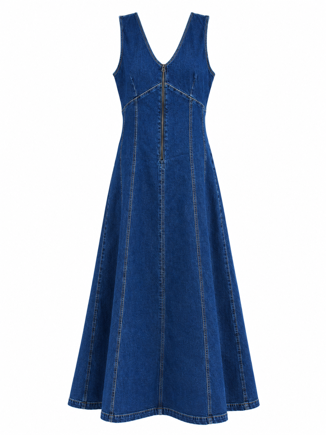 Dikiş Detaylı Önden Fermuarlı Denim Midi Elbise