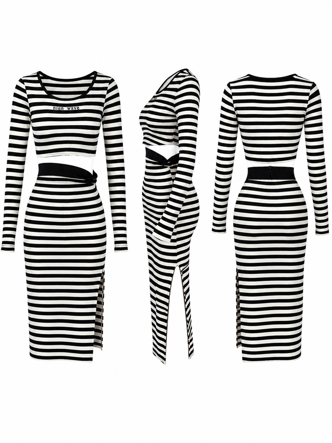 Siyah-Beyaz Çizgili Crop & Midi Etek Takım