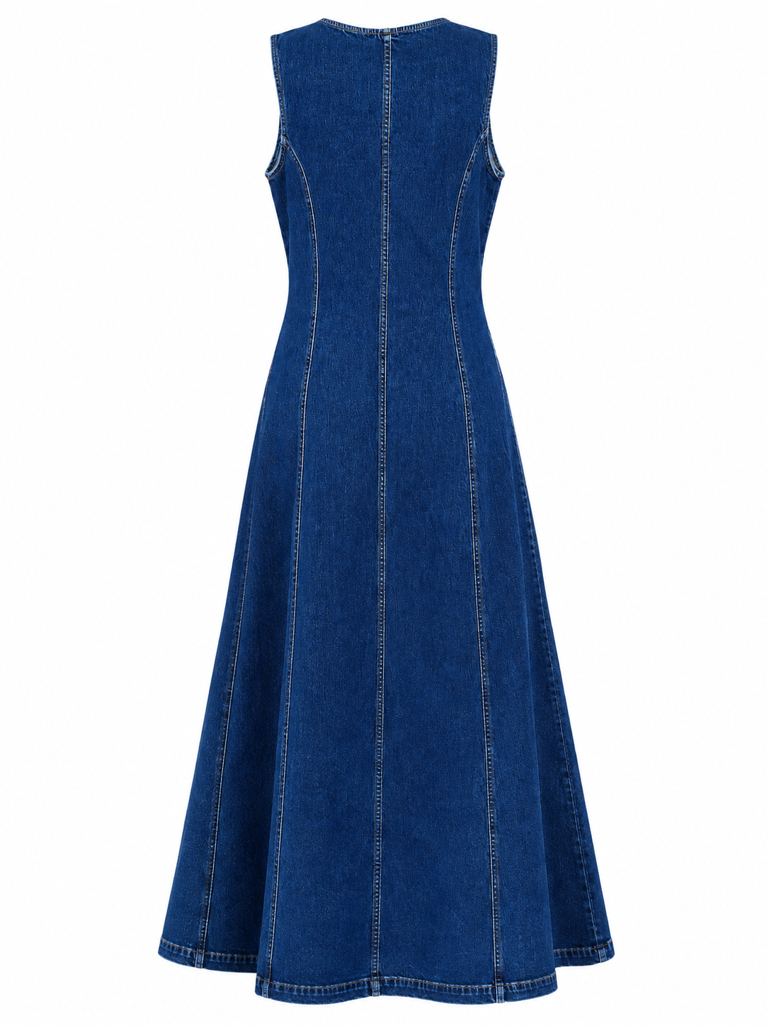 Dikiş Detaylı Önden Fermuarlı Denim Midi Elbise