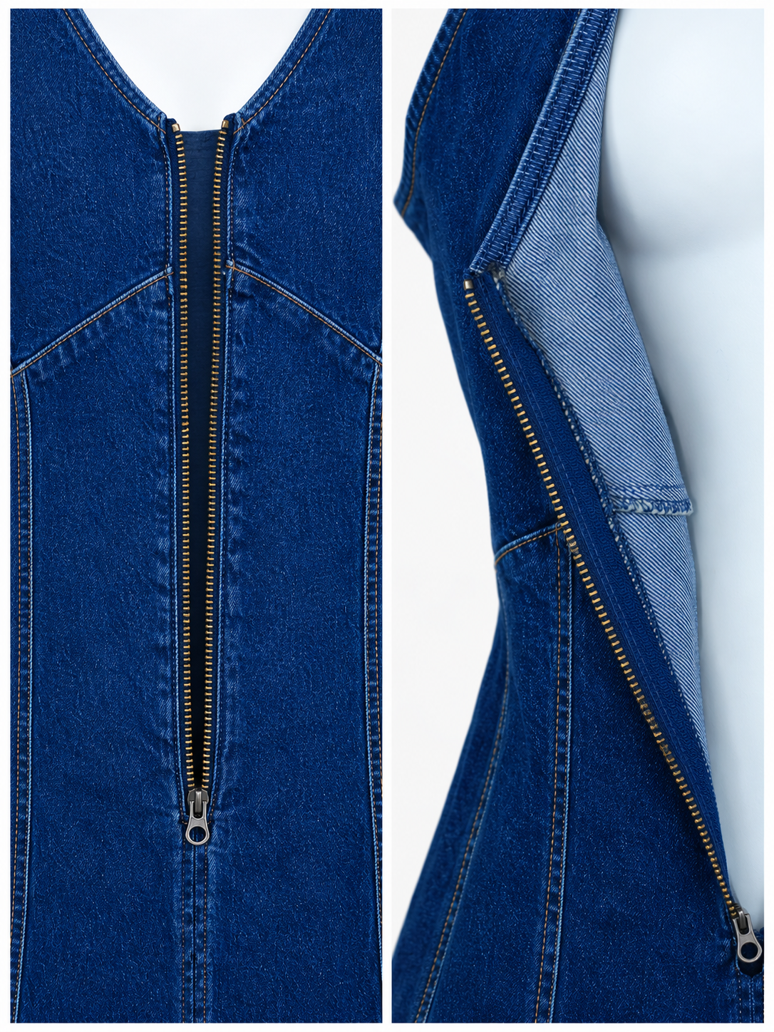 Dikiş Detaylı Önden Fermuarlı Denim Midi Elbise