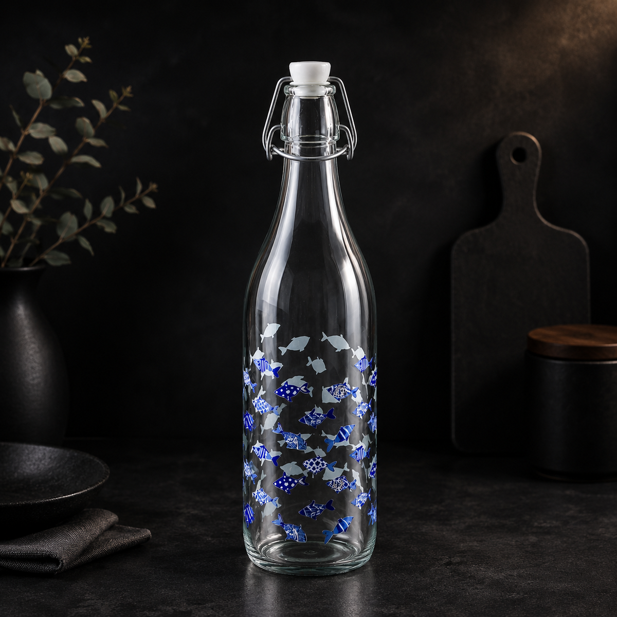1000 ml Balık Desenli Kilitli Cam Şişe