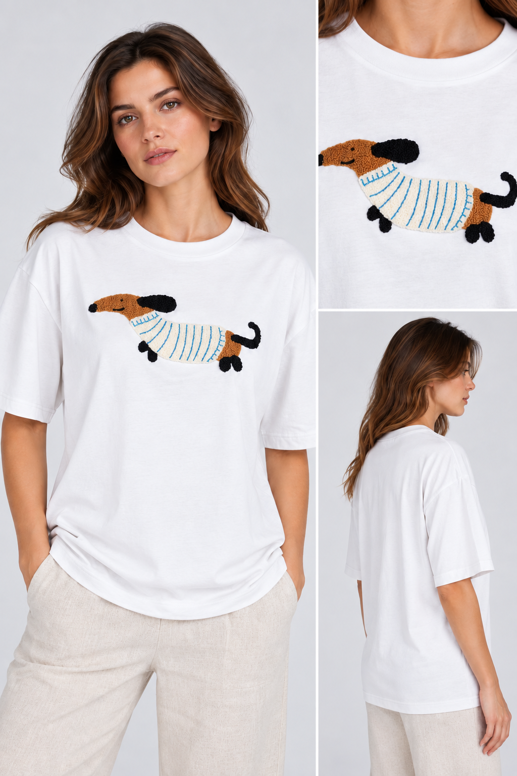 Nakışlı Köpek Desenli Oversize Tişört