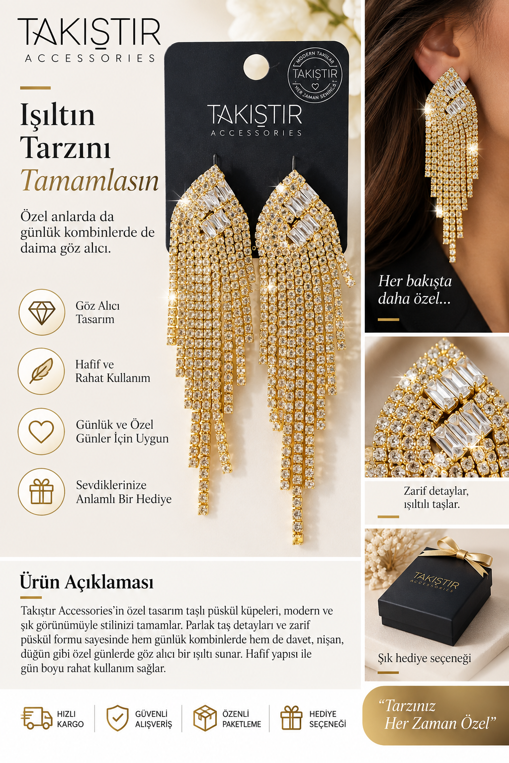 Takıştır Gold Renk Taşlı Püsküllü Uzun Sallantılı Abiye Kadın Küpe