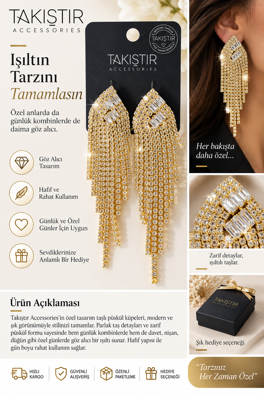Takıştır Gold Renk Taşlı Püsküllü Uzun Sallantılı Abiye Kadın Küpe