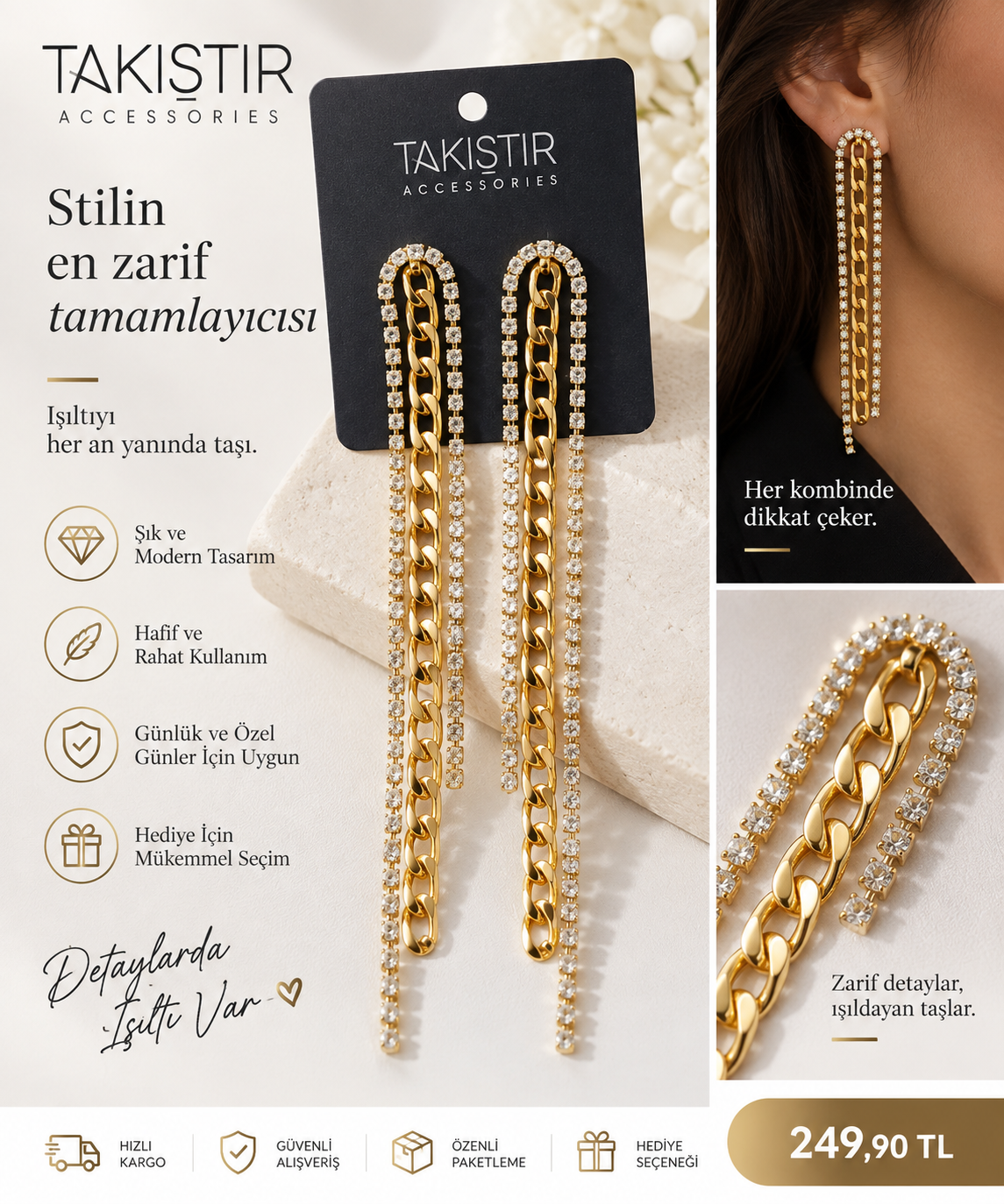 Gold Renk Taşlı Zincir Detaylı Uzun Sallantılı Kadın Küpe