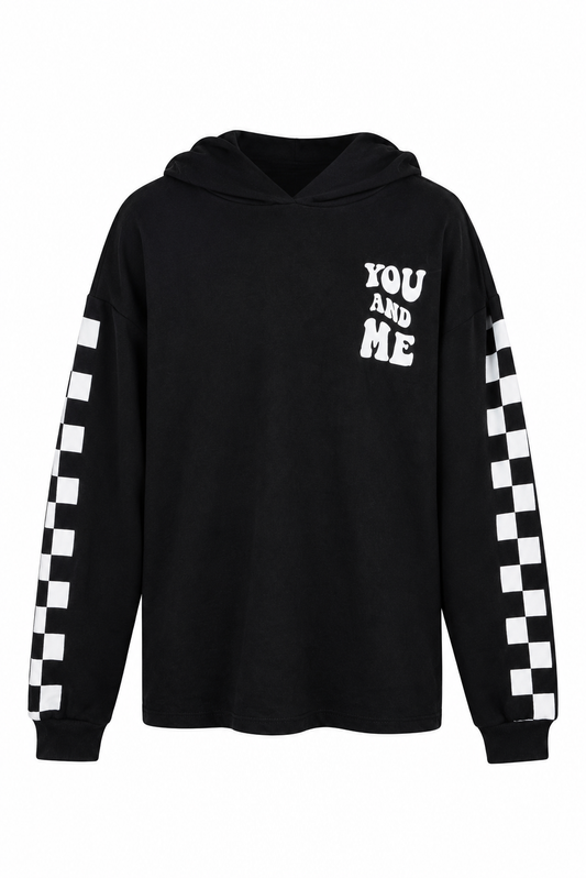 Erkek Çocuk Kapüşonlu Damalı Baskılı Sweatshirt – Siyah