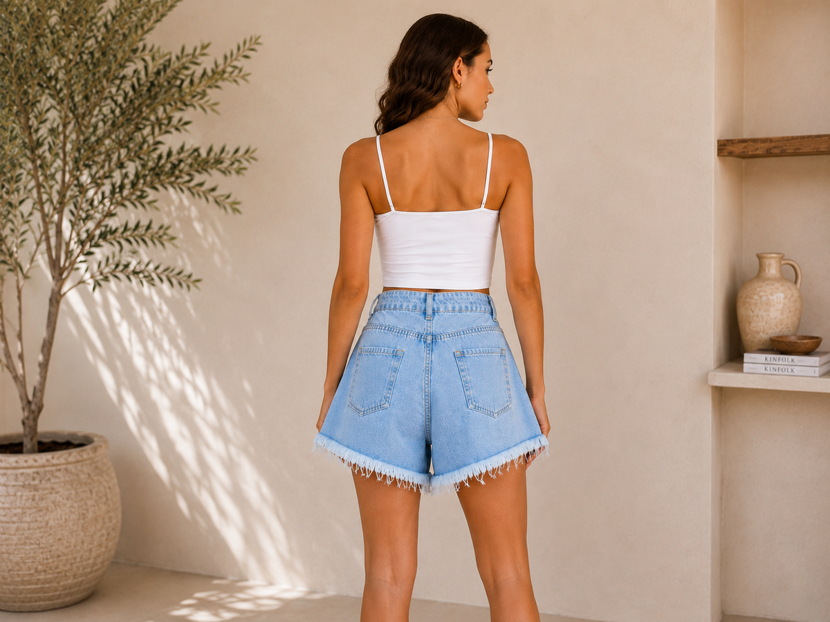 Yüksek Bel Püsküllü Denim Şort