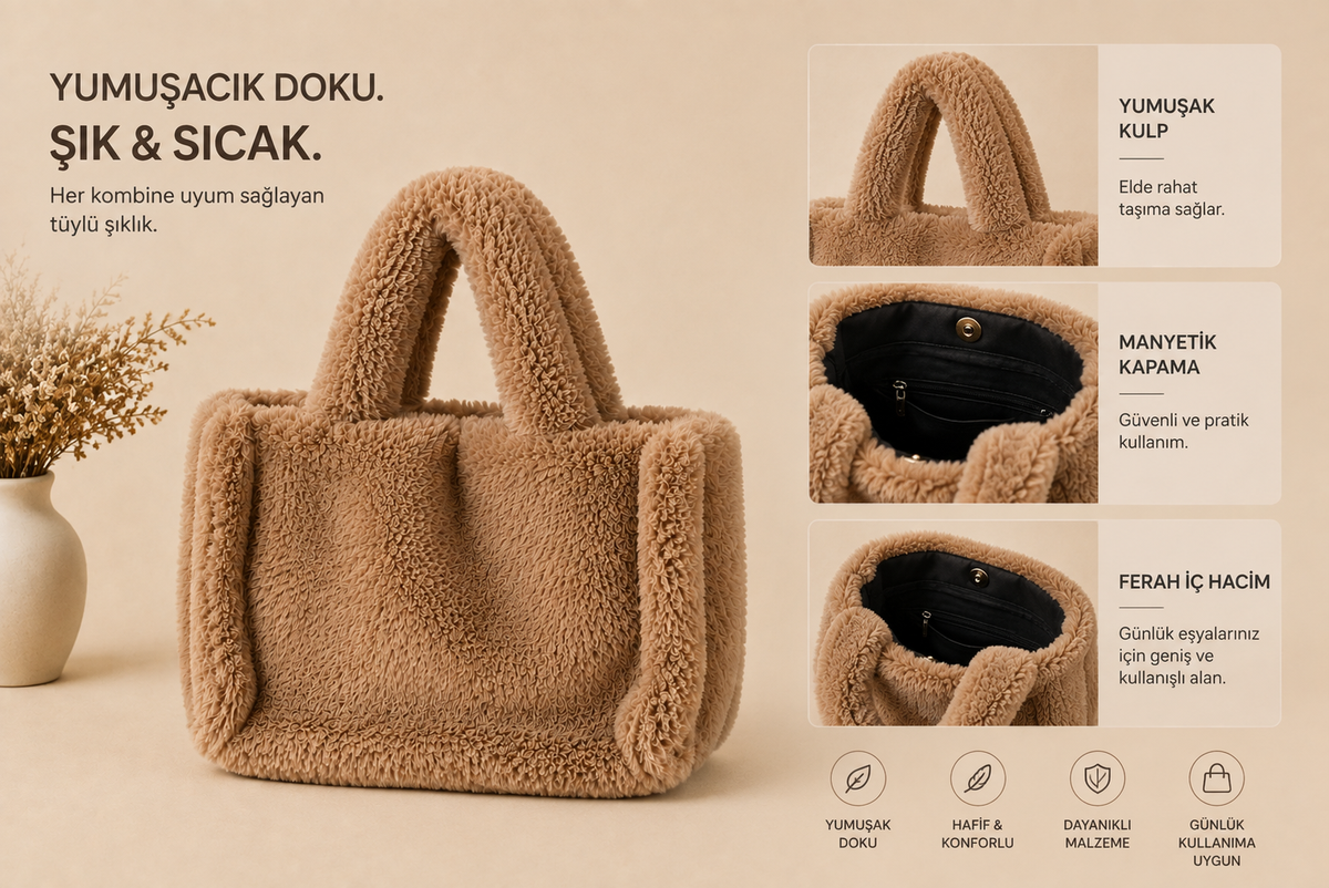 Kadın Bej Peluş Teddy El ve Omuz Çantası