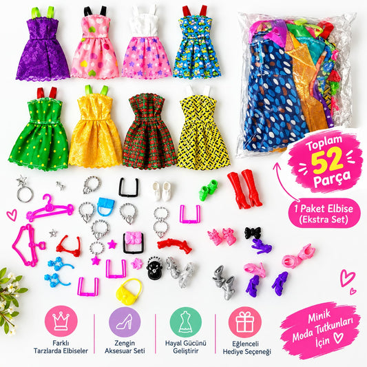 52 Parça Bebek Elbise ve Aksesuar Seti – Barbie Uyumlu Moda Seti