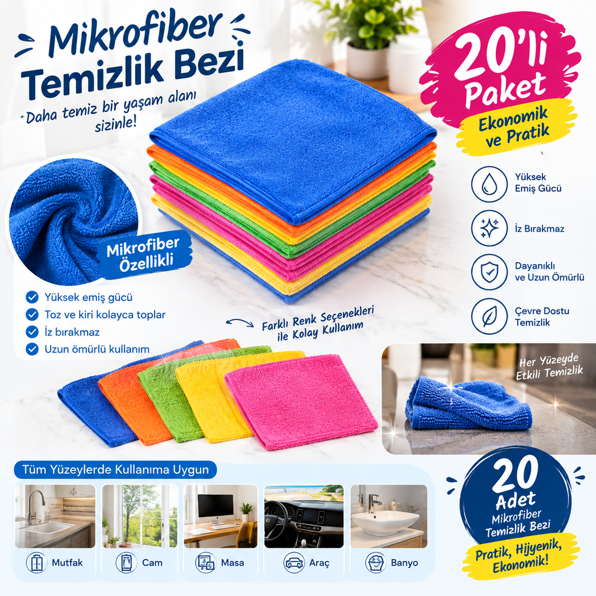20 Adet Mikrofiber Temizlik Bezi – Mutfak, Cam, Banyo ve Araç İçin