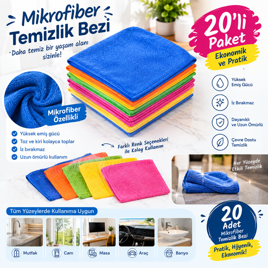 20 Adet Mikrofiber Temizlik Bezi – Mutfak, Cam, Banyo ve Araç İçin